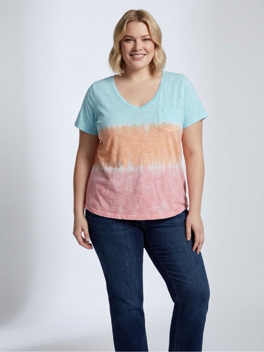 torrid Aqua Orange Pink Tie-Dye V-Neck Short Sleeve Tee